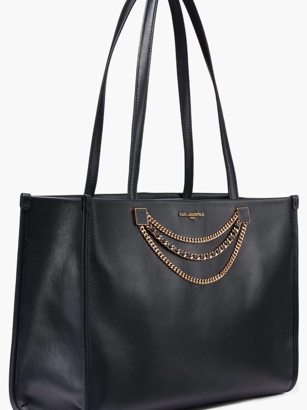 Karl Lagerfeld Black Leather Tote with Gold Chain Detail